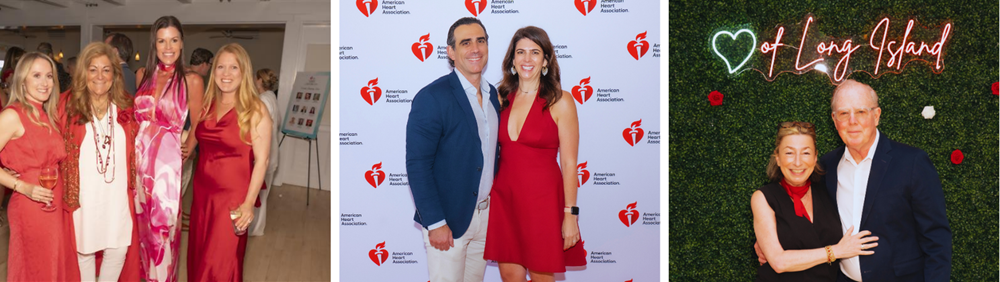 Photo collage depicting four women in red formal wear, a couple posing in front of the American Heart Association banner, and a couple posing in front of the Heart of Long Island sign.